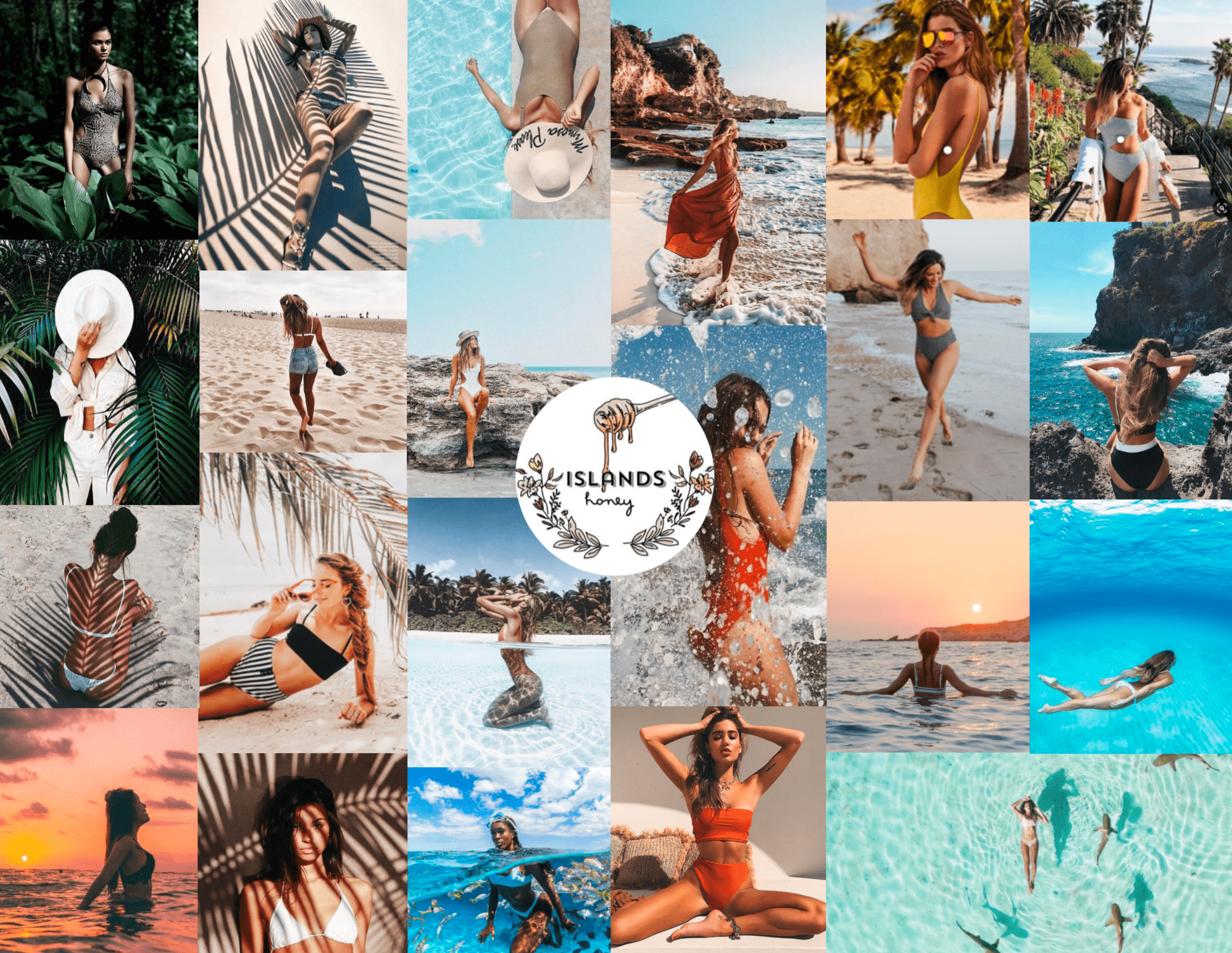 collage of photos of girls on the beach with Islands Honey logo in center