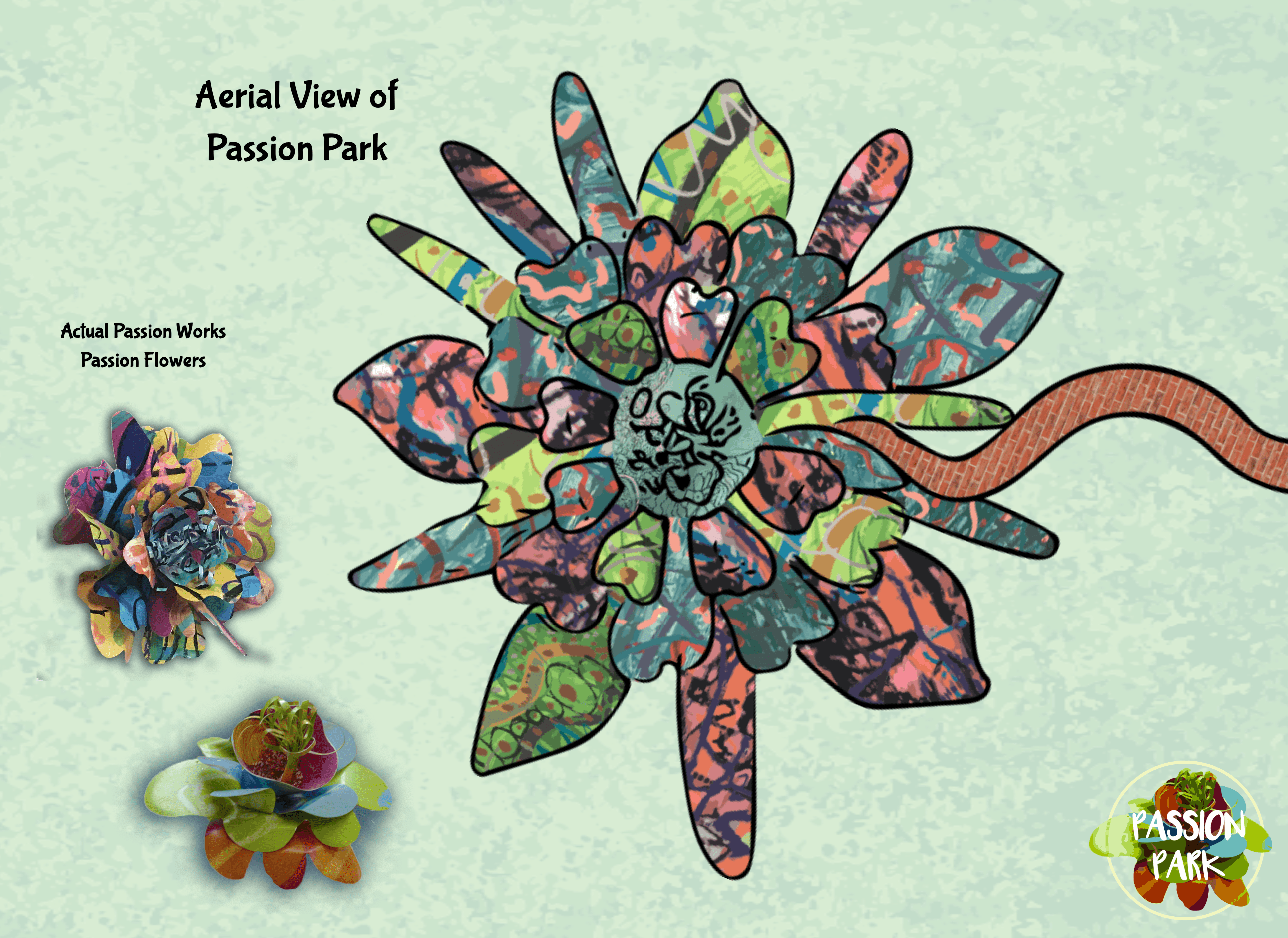 illustration of aerial view of passion park compared to actual passion flowers