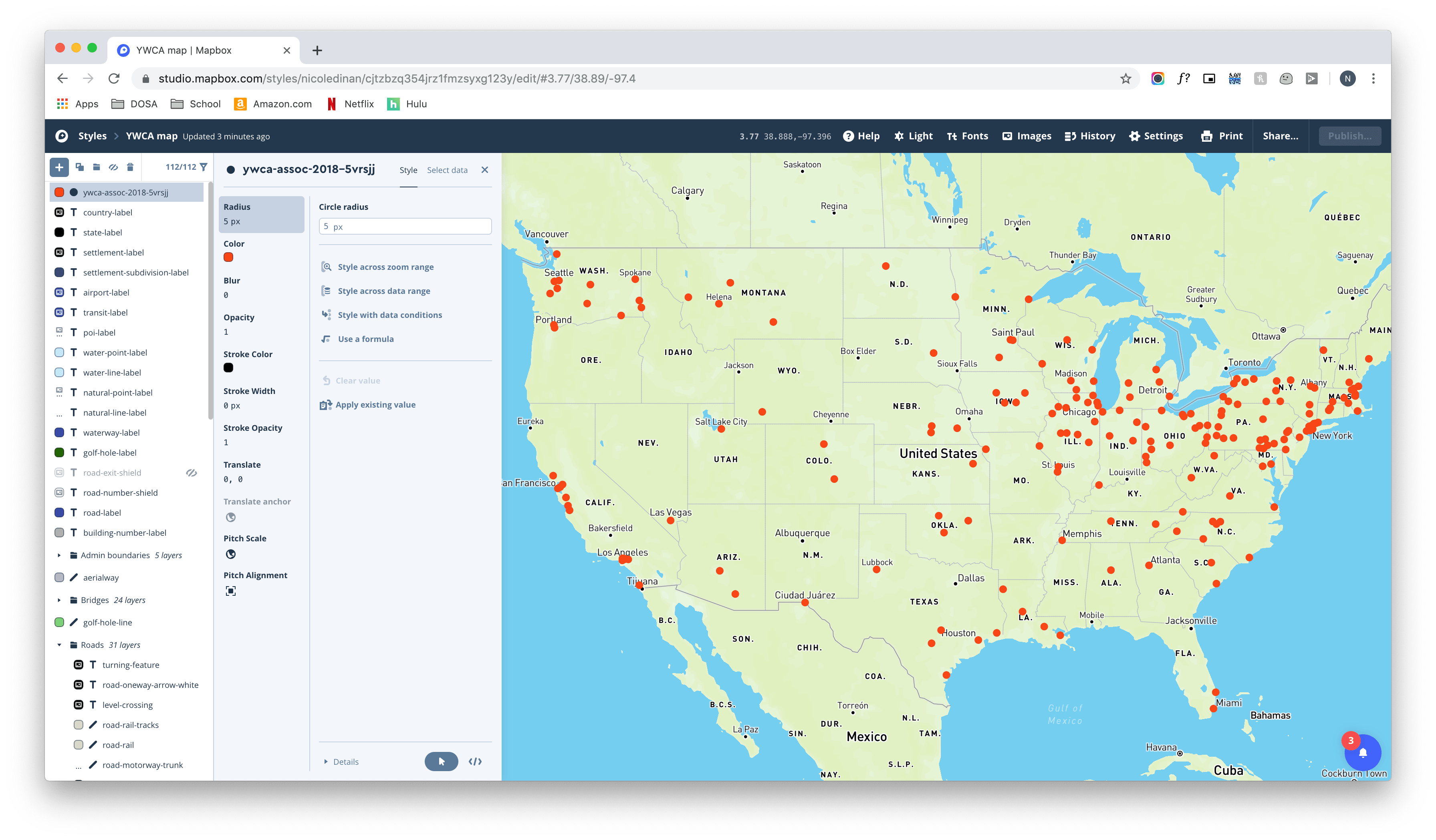 map of the United States with orange dots where there are YWCA locations